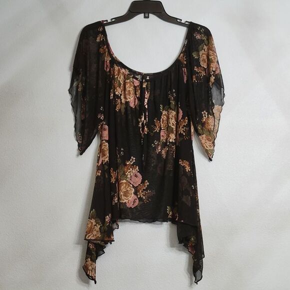 Black Sheer Floral Chiffon Blouse Tunic Handkerchief Hem Fairycore Whimsygoth L - Picture 1 of 9